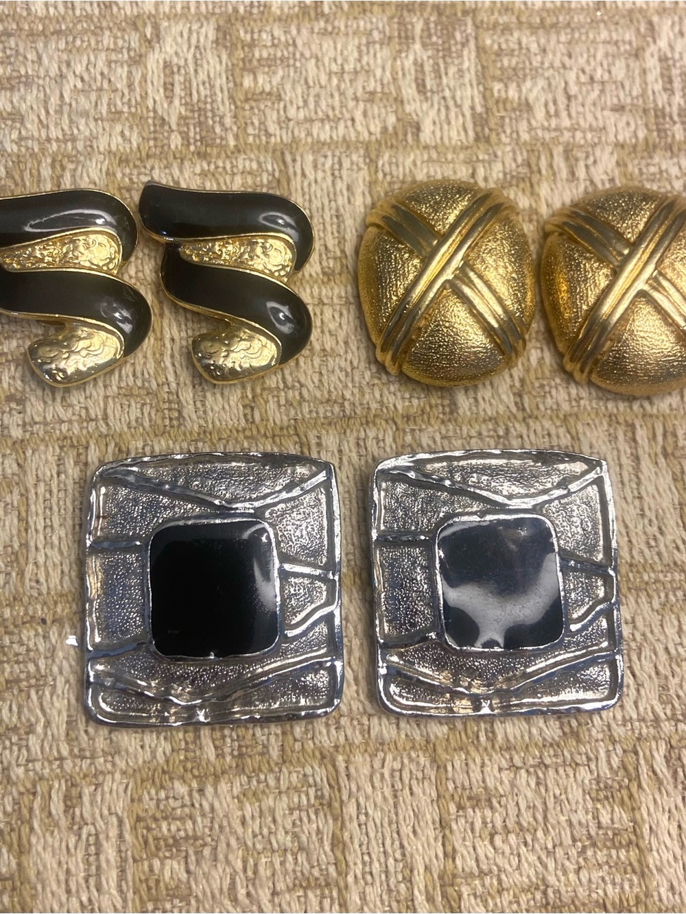 Monet Black and Gold Mixed Metal Clip-On Earrings Set 80’s